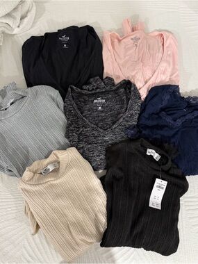 Lot of 7 Hollister V-Neck High Neck Long Sleeve Top Lace Ribbed Tie EUC NWT